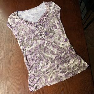 a.n.a. ruffle v-neck ruched top purple and grey.